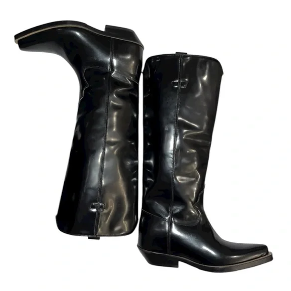 CHLOE Nellie Black Leather Western Knee High Boots Tall Cowboy EU37.5 US7.5 NWOB - Picture 4 of 10